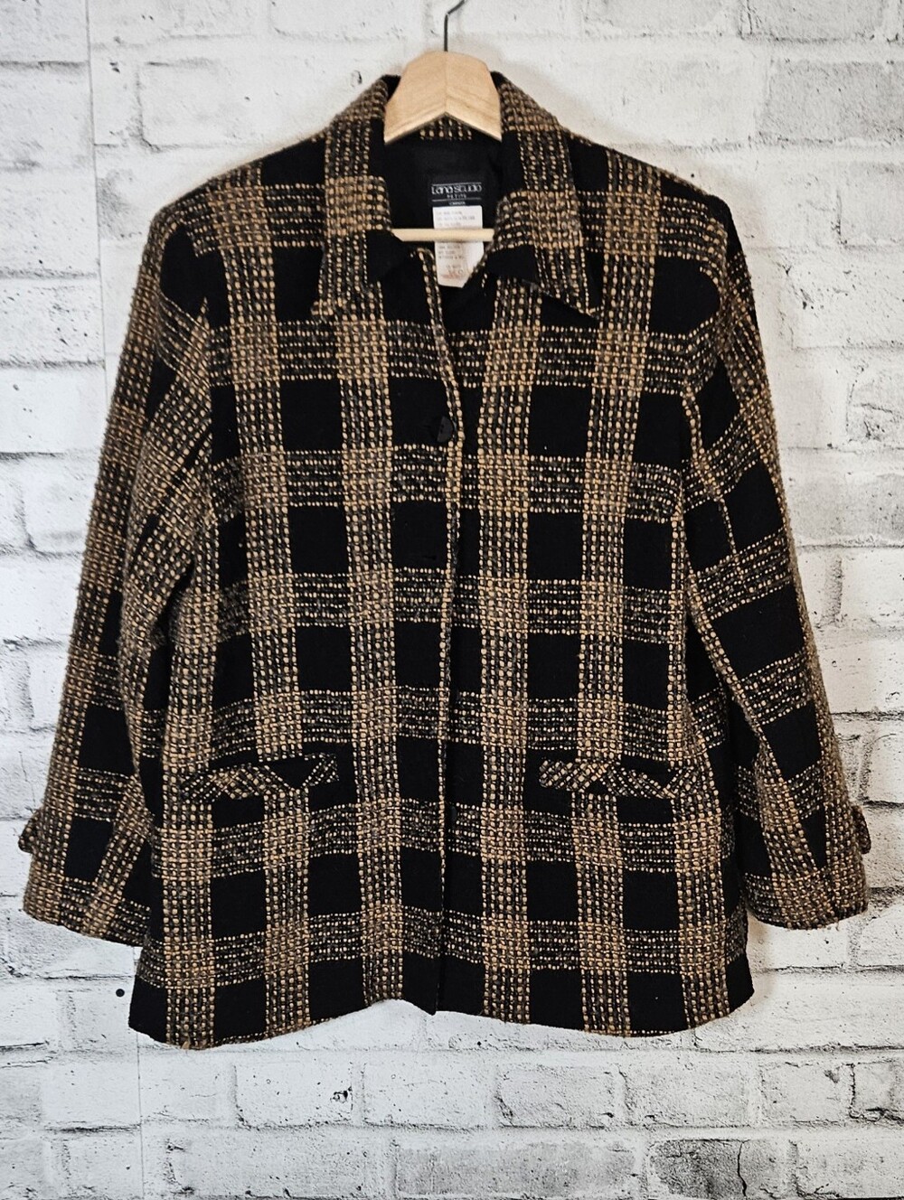 Lana Studio Petite Wool Blend Plaid Jacket Size 16 Black Tan